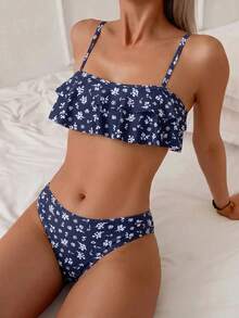 Swim Mod 花卉飾邊可愛甜美復古休閒度假海灘女款泳衣套裝 - 彩色 - 查看 5