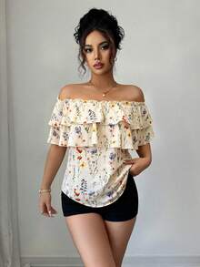 Elenzga Women's Floral Ruffle Off-Shoulder Fashion Blouse - Apricot - View 3