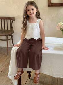 Emery Rose Kids Emery Rose Kids 少女編織素色方領荷葉邊休閒背心與長褲兩件組 - 棕色 - 查看 3