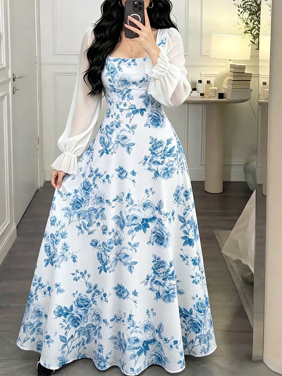 Modelyn 鈷藍色玫瑰花卉印花大尺碼女裝洋裝,女款時尚方領燈籠長袖長洋裝,夏季收腰優雅長裙,花卉圖案白色洋裝,適合夏季度假與日常穿著 - 彩色 - 查看 1