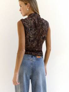 Nöista Mandarin Neck Jacquard Top-For Night Out Vacation, Formal Event, Day-To-Night; Autumn Everyday. - Coffee Brown - View 3
