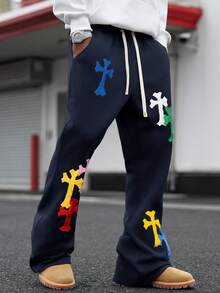 PAVTROS Men's Cross Patchwork Drawstring Waist Casual Sweatpants - Navy Blue - View 6