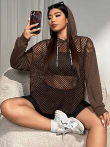 SHEIN EZwear 大尺碼女款春夏長袖休閒對比網紗透視連帽帽 T恤運動衫 秋冬適用 - 棕色 - 查看 6