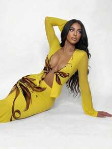 Slaydiva 2026 Neuester lässig Urlaubs Strand Eleganter Sexy Blume Muster Ausgeschnittenes Top und bedruckter Rock Zweiteiler, Sexy Strand Urlaubs Zweiteiler Cover Up - Gänsegelb - Übersicht 7