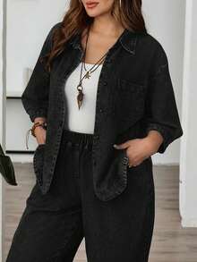 EMERY ROSE EMERY ROSE Plus Size Solid Color Drop Shoulder Casual Loose Front Button Denim Blouse Going Out Tops - Black - View 9