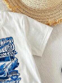 Young Boy Casual Simple T-Shirt Set, Classic Retro Racing Pattern Print, Handsome Retro Racing Checkered Flag Pattern Print, Suitable For Spring And Summer, Suitable For Sports - Multicolor - View 6