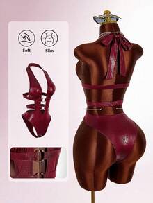 Amplova Deep V Neck Halter Neck Tie Sleeveless Metal Decor Cut Out High Waist Cut Out Women Mini Fitted Bodysuit - Burgundy - View 3
