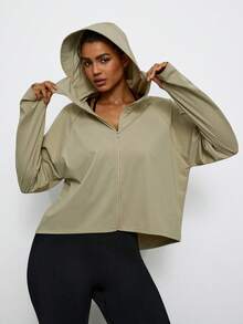 Levarali Plus Size Women's Hooded Sports Jacket, Sun Protection Outerwear, Zipper Jacket, Cropped Jacket, Sports, Fitness, Outdoor, Sunshade Fall - Light Grey - View 3