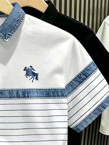 Manfinity Hypemode 復古丹寧風藍白拼色條紋 Polo 衫，馬標印花藝術領短袖上衣，男女款圖案 T-shirt，百搭夏季休閒襯衫 - 彩色 - 查看 3