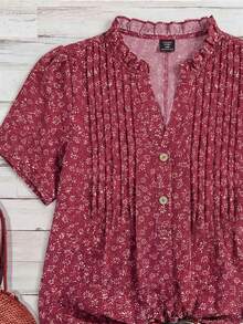 SHEIN LUNE Plus Size Summer New Floral Chiffon Fabric Round Neck Short Sleeve Placket Patchwork Ruffle Hem Women Casual Daily Work Blouse Shirt - Burgundy - View 4