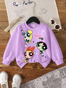 THE POWERPUFF GIRLS X SHEIN Young Girl Cartoon Print Purple Soft & Sweet Cute Casual Loose Dropped Shoulder Sweatshirt For Autumn Fall Winter - Purple - View 5