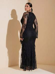 SHEIN BAE CURVE Plus Size Women's Contrast Lace Ruffle Elegant Dress Fall - Black - View 2