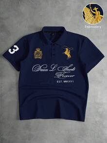 PAVTROS Men's Minimalist Gold Thread Embroidered Short Sleeve Polo Shirt - Navy Blue - View 1
