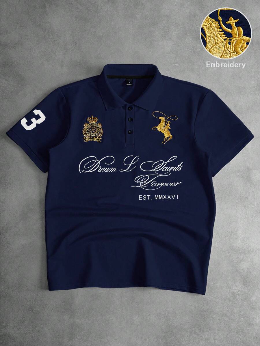 PAVTROS Men's Minimalist Gold Thread Embroidered Short Sleeve Polo Shirt - Navy Blue - View 1