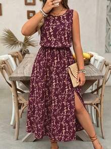 EMERY ROSE Plus Size Ditsy Floral Round Neck Casual Commuter Split Hem Dress - Purple - View 1