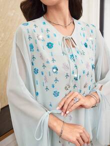 Al Najma Spring/Summer Fashion Elegant Blue Dress With Chiffon Sleeves And Tie, Loose And Long - Blue - View 4