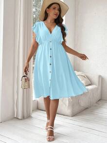 Vionelle Plus Size Women's Solid Color Button Design Casual Ruffle Dress - Blue - View 6