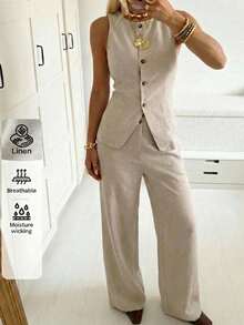 SHEIN EZwear Apricot Casual Commuter Vest & Pants Suit - Apricot - View 1