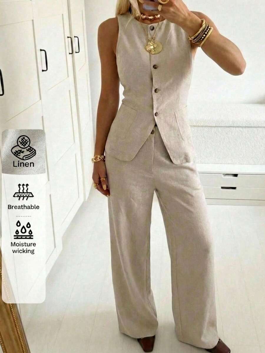 SHEIN EZwear Apricot Casual Commuter Vest & Pants Suit - Apricot - View 1