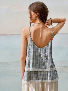 Top de tirantes tipo camisola para mujer, estilo vintage dulce y juvenil, casual para uso diario en verano, color azul claro a cuadros, con encaje y dobladillo doble capa - Celeste - Ver 2