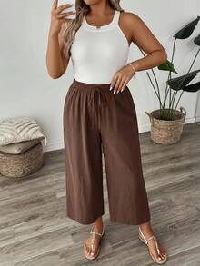 SHEIN PETITE CURVE CURVE 大尺碼女款棕色寬腿褲，高腰綁帶腰身休閒寬鬆長褲，適合秋季，休閒正式度假風 - 棕色 - 查看 9