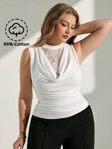Chikora Plus Size Women's Camisole And Tank Top, Elegant All Season Wear Traceable Lace Patchwork Elastic Comfortable Brunch White Summer - White - View 6