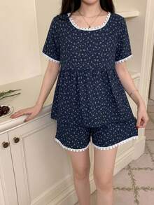 DAZY Women's Ditsy Floral Round Neck Short Sleeve Top And Shorts Pajama Set Summer - Navy Blue - View 5