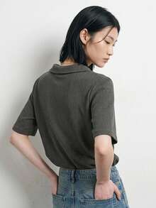 FRIFUL Women's Fitted Polo Collar Metal Button Decor Short Sleeve T-Shirt, Summer Ribbed Shirt Collared Shirt Knit Top Summer Top Preppy Top - Grey - View 12