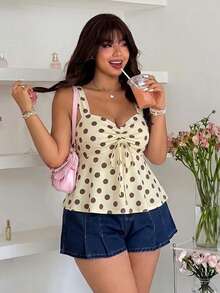 Muchica Plus Size Women's Polka Dot Print Front Drawstring Thick Strap Tank Top - Multicolor - View 9