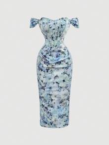 SHEIN MOD Women's Floral Print Off-Shoulder Fitted Elegant Dress - Blue - View 4