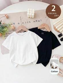 SHEIN 女童小女孩黑白百搭圓領套頭上衣 2件組，適合居家與外出穿著 - 黑與白 - 查看 3