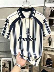 Daypath 男士休閒條紋學院字母印花 Polo 衫，適合夏季校園、典禮場合 - 藍色 - 查看 1
