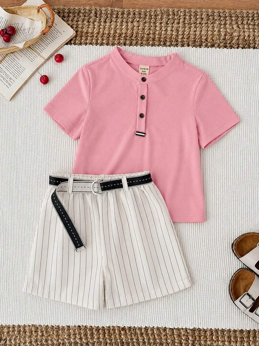 SHEIN 男婴夏季休闲红色领polo衫和白色条纹短裤两件套,适合生日派对、锐舞派对、晚宴、演出、婚礼、迎婴派对和一周岁生日庆祝活动。 - 藕粉色 - 查看 1