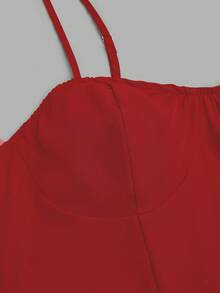 Sweetra Plus Size Women's Solid Color Pleated Elegant Waist-Defining Cami Dress For Date And Party - Red - View 4