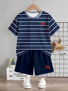 Young Boy Casual Simple T-Shirt Set, Classic Cool Handsome Retro Striped Pattern Print, NY Text Pattern Print, Suitable For Spring And Summer, Suitable For Campus - Multicolor - View 3