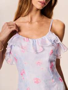 Willow Rêve Floral Print Faux Silk Ruffle Hem Spaghetti Strap Backless Light Blue Women's Maxi Dress - Dusty Purple - View 1