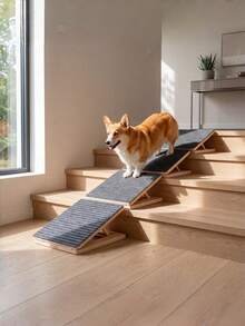 1 pieza Rampa escalón plegable ajustable de madera maciza para perros, tamaño único, con alfombra antideslizante, soporte triangular para perros pequeños y mayores, uso interior, sin montaje requerido, rampa doméstica para mascotas para movilidad en escaleras - Multicolor - Ver 9