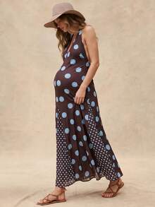 Boho Mama Maternity Polka Dot Halter Neck Casual Vacation Daily Outing Dress Boho Summer Outfits  Polka Dot  Casual Baby Shower Outfits  Elegant Dresses - Brown - View 3