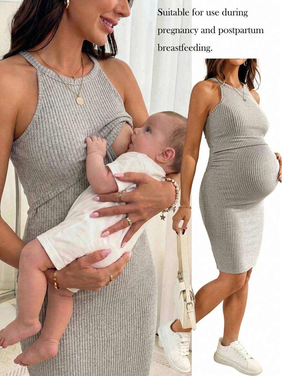 SHEIN 孕妇休闲日常通勤简约纯色罗纹针织哺乳连衣裙,夏季 - 卡其色 - 查看 1