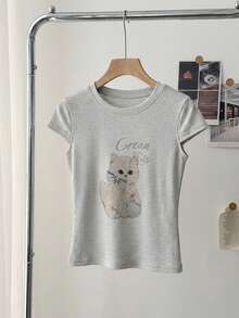 DAZY Camiseta de mujer ajustada con diseño de estampado animal para primavera y verano, top lindo - Gris Claro - Ver 2