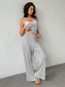 DAZY Women's Lace Patchwork Bow Decor Cami Top And Long Pants Casual Daily Homewear Set Summer - Grey - View 5
