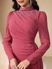 Coutiva Damen Abendkleid mit Stehkragen und Kunstperle, Kleid für Hochzeitsgäste, Partykleid, Abendkleid - Pink - Übersicht 3