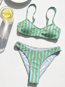 Swim Mod 春夏女款2件組時尚可愛性感度假海邊泳池派對隨機印花條紋多色細肩帶可調式平口比基尼上衣與泳褲套裝 - 彩色 - 查看 4