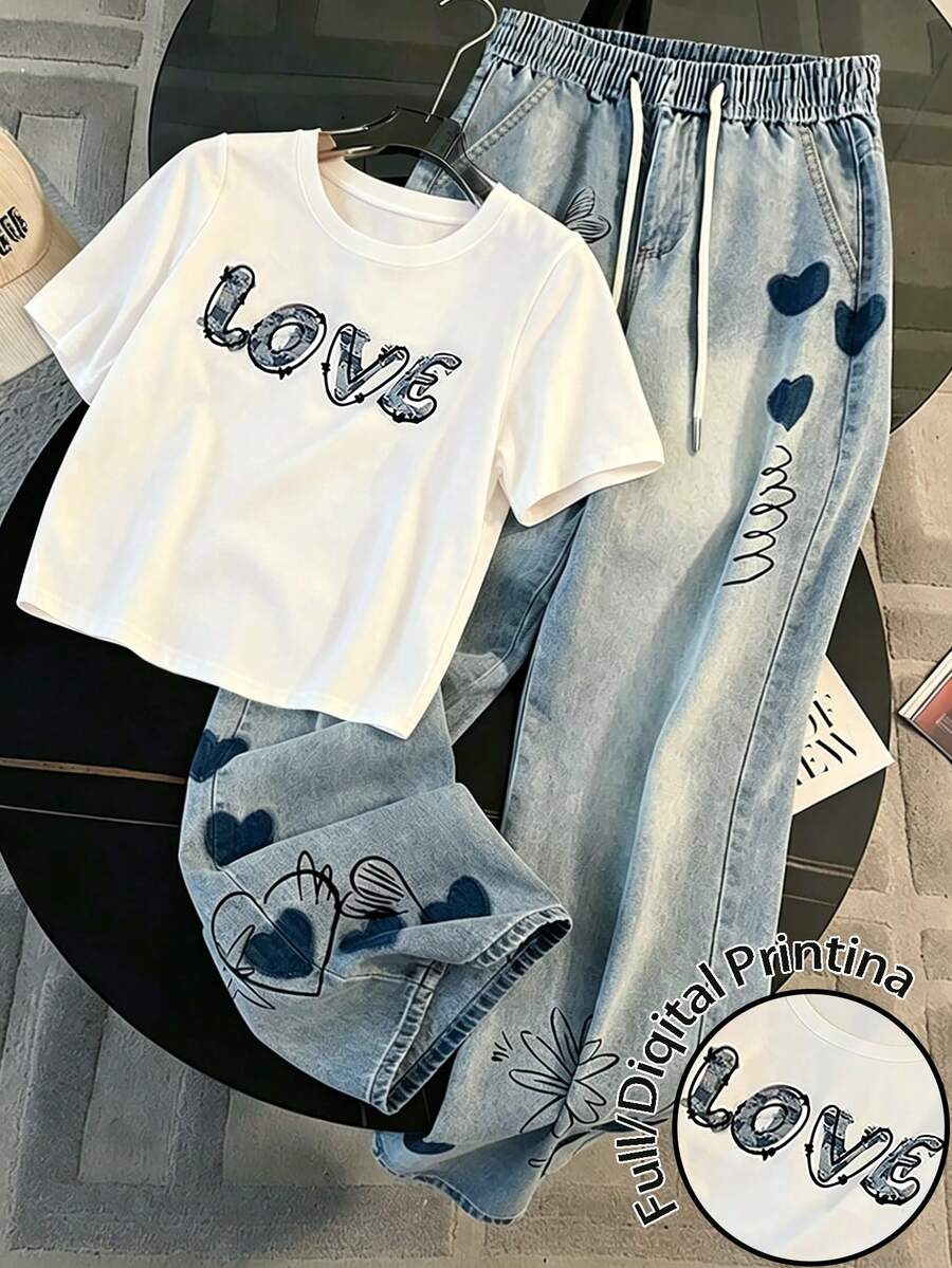Resyla 女款休閒運動套裝 夏季新款 修身短款圓領標準肩寬 青春顯瘦白色短袖T恤 + 側邊隱藏口袋直筒牛仔褲 - 彩色 - 查看 1