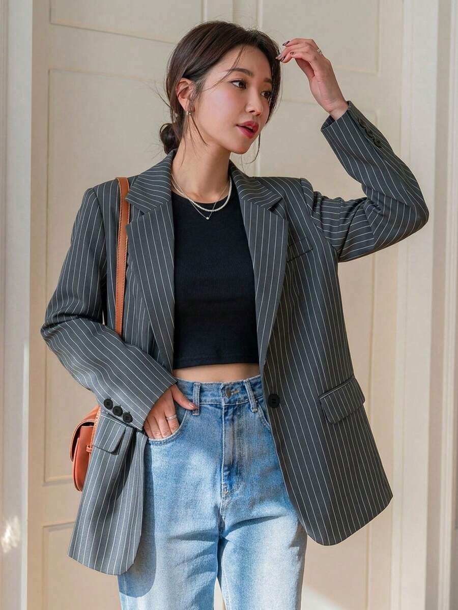 DAZY 女款條紋翻領長袖商務休閒西裝外套 - 深灰色 - 查看 1