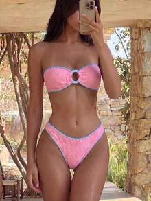 Swim Mod Pink & Blue Sweet Vacation Women's Bikini Set, Hollow-Out Design On Chest, Suitable For Beach Holiday - Multicolor - View 4