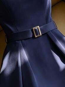 Weeklong Women's Plus Size Summer 1 Piece Commute Elegant Square Neck Sleeveless Waist-Cinched A-Line Dress Slimming Concealing Body-Flattering High-End Mid-Length Tank Dress - Navy Blue - View 6