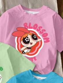 THE POWERPUFF GIRLS X SHEIN 女童休闲可爱字母卡通人物印花短袖T恤，夏季 - 彩色 - 查看 4