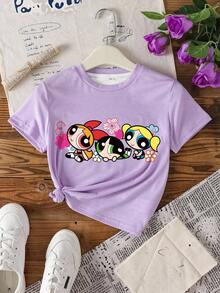 THE POWERPUFF GIRLS X SHEIN 少女圆领短袖休闲T恤 - - 白色 - 查看 3