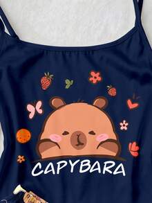 Lindo Capibara, Conjunto de Pijama de Dos Piezas con Camisola y Pantalones Cortos Casual para Adolescentes - Multicolor - Ver 3